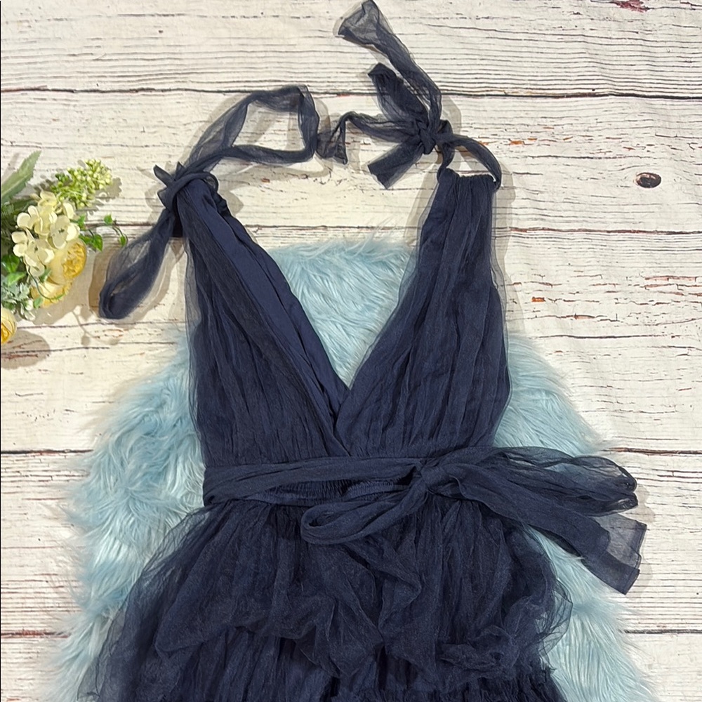 NWOT Lulus Flawless Arrival Navy Blue Tulle Tie-Strap Tiered Maxi Dress - Picture 6 of 8